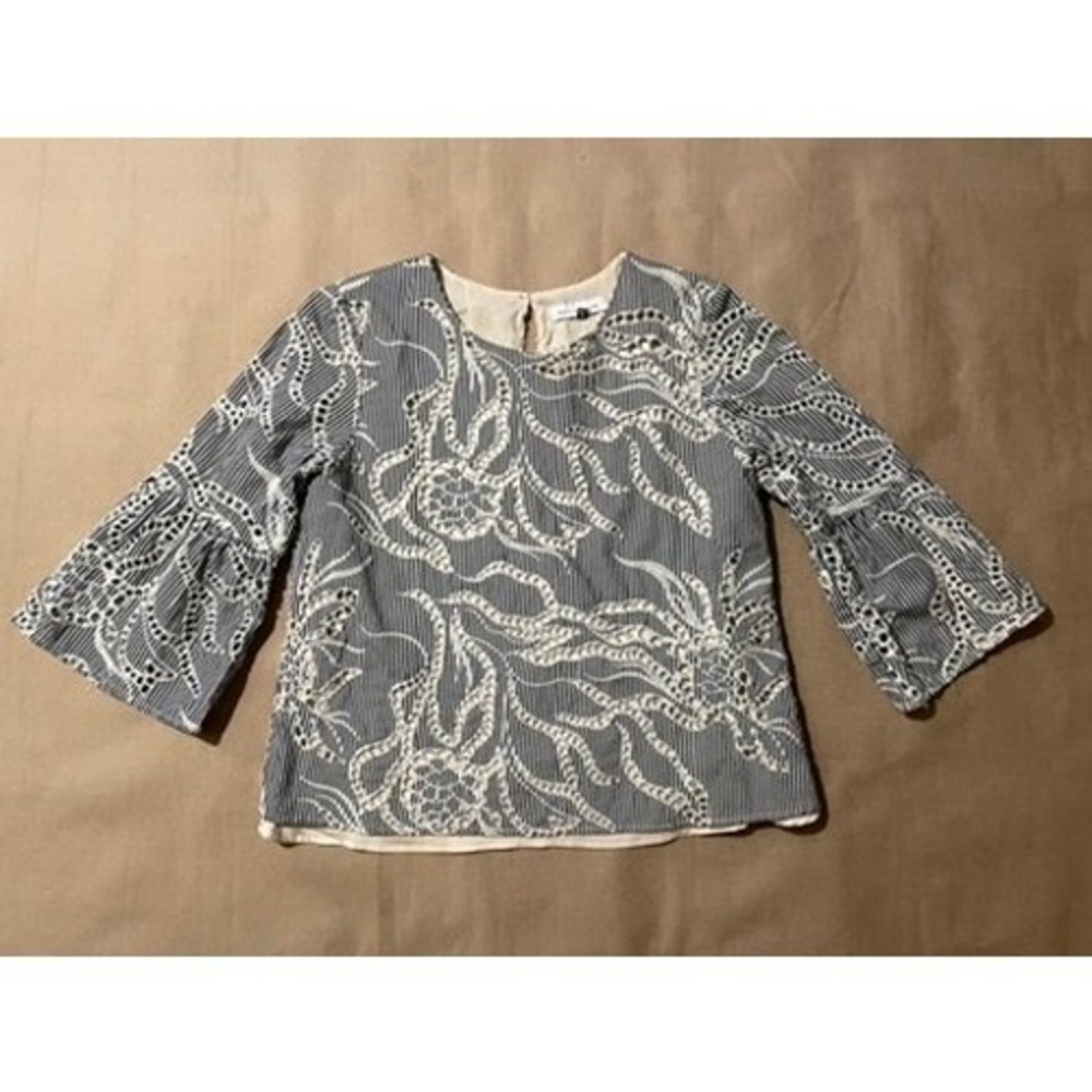 Anthropologie Bouchon Striped Top Sz S Cut Outs Bell Sleeves Architectural USA